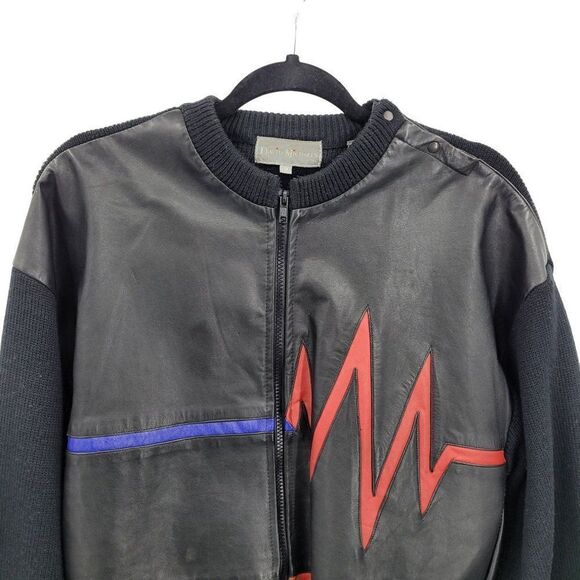 Mens Vintage 80s Leather Jacket Zip MJ Heart Beat Inlay Wool Black M Streetwear - Picture 5 of 14